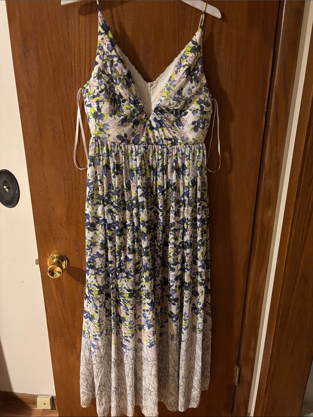 Everly White Spaghetti-Strap Dress with Blue & Green Floral Print